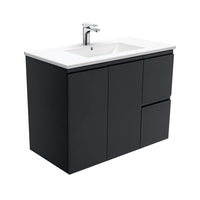 Fienza Fingerpull Satin Black 900 Wall Hung Cabinet, Solid Doors , With Moulded Basin-Top - Dolce Ceramic Right Hand Drawer