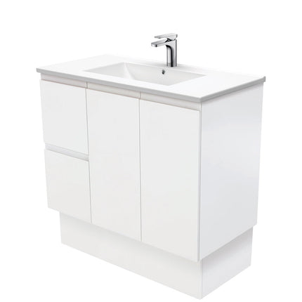 Fienza Fingerpull Satin White 900 Cabinet on Kickboard, Solid Doors , With Moulded Basin-Top - Dolce Ceramic Left Hand Drawer