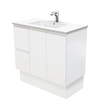 Fienza Fingerpull Satin White 900 Cabinet on Kickboard, Solid Doors , With Moulded Basin-Top - Dolce Ceramic Left Hand Drawer