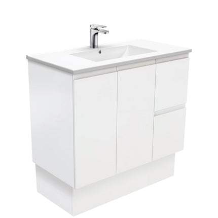 Fienza Fingerpull Satin White 900 Cabinet on Kickboard, Solid Doors , With Moulded Basin-Top - Dolce Ceramic Right Hand Drawer