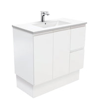 Fienza Fingerpull Satin White 900 Cabinet on Kickboard, Solid Doors , With Moulded Basin-Top - Dolce Ceramic Right Hand Drawer