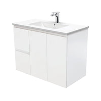 Fienza Fingerpull Satin White 900 Wall Hung Cabinet, Solid Doors , With Moulded Basin-Top - Dolce Ceramic Left Hand Drawer