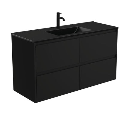 Fienza Amato Satin Black 1200 Wall Hung Cabinet, Solid Drawers, Bevelled edge , With Moulded Basin-Top - Dolce Matte Black Ceramic Satin Black Panels