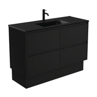 Fienza Amato Satin Black 1200 Cabinet on Kickboard, Solid Panels, Bevelled Edge , With Moulded Basin-Top - Dolce Matte Black Ceramic Satin Black Panels