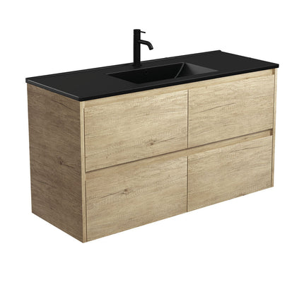 Fienza Amato Scandi Oak 1200 Wall Hung Cabinet, Solid Drawers, Bevelled Edge , With Moulded Basin-Top - Dolce Matte Black Ceramic Scandi Oak Panels