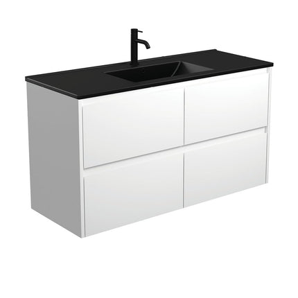 Fienza Amato Satin White 1200 Wall Hung Cabinet, Solid Drawers, Bevelled Edge , With Moulded Basin-Top - Dolce Matte Black Ceramic Satin White Panels