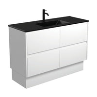 Fienza Amato Satin White 1200 Cabinet on Kickboard, Solid Panels, Bevelled Edge , With Moulded Basin-Top - Dolce Matte Black Ceramic Satin White Panels