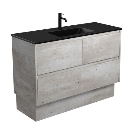 Fienza Amato Industrial 1200 Cabinet on Kickboard, Solid Panels, Bevelled Edge , With Moulded Basin-Top - Dolce Matte Black Ceramic Industrial Panels