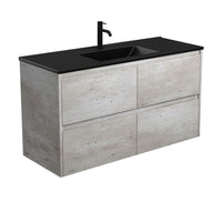 Fienza Amato Industrial 1200 Wall Hung Cabinet, Solid Drawers, Bevelled Edge , With Moulded Basin-Top - Dolce Matte Black Ceramic Industrial Panels