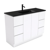 Fienza Fingerpull Gloss White 1200 Cabinet on Kickboard, Solid Doors , With Moulded Basin-Top - Dolce Matte Black Ceramic