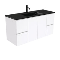 Fienza Fingerpull Gloss White 1200 Wall Hung Cabinet, Solid Doors , With Moulded Basin-Top - Dolce Matte Black Ceramic