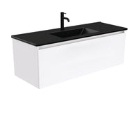 Fienza Manu Gloss White 1200 Wall Hung Cabinet, 1 Solid Drawer, 4 Internal Drawers , With Moulded Basin-Top - Dolce Matte Black Ceramic