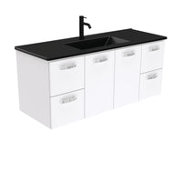 Fienza UniCab Gloss White 1200 Wall Hung Cabinet, Solid Doors , With Moulded Basin-Top - Dolce Matte Black Ceramic