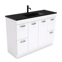 Fienza UniCab Gloss White 1200 Cabinet on Kickboard, Solid Doors , With Moulded Basin-Top - Dolce Matte Black Ceramic