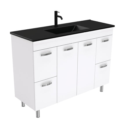 Fienza UniCab 1200 Gloss White Cabinet on Legs, Solid Doors , With Moulded Basin-Top - Dolce Matte Black Ceramic