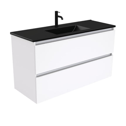 Fienza Quest Gloss White 1200 Wall Hung Cabinet, 2 Solid Drawers , With Moulded Basin-Top - Dolce Matte Black Ceramic