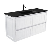 Fienza Hampton Satin White 1200 Wall Hung Cabinet, 4 Internal Drawers , With Moulded Basin-Top - Dolce Matte Black Ceramic