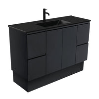 Fienza Fingerpull Satin Black 1200 Cabinet on Kickboard, Solid Doors , With Moulded Basin-Top - Dolce Matte Black Ceramic