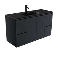 Fienza Fingerpull Satin Black 1200 Wall Hung Cabinet, Solid Doors , With Moulded Basin-Top - Dolce Matte Black Ceramic