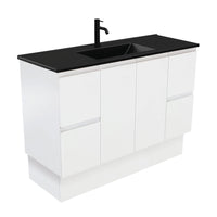 Fienza Fingerpull Satin White 1200 Cabinet on Kickboard, Solid Doors , With Moulded Basin-Top - Dolce Matte Black Ceramic