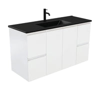 Fienza Figerpull Satin White 1200 Wall Hung Cabinet, Solid Doors , With Moulded Basin-Top - Dolce Matte Black Ceramic