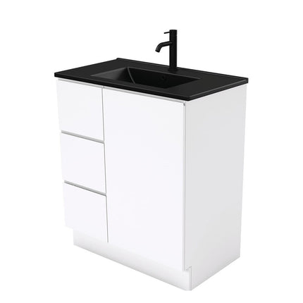 Fienza Fingerpull Gloss White 750 Cabinet on Kickboard, Solid Door , With Moulded Basin-Top - Dolce Matte Black Ceramic Left Hand Drawer
