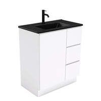 Fienza Fingerpull Gloss White 750 Cabinet on Kickboard, Solid Door , With Moulded Basin-Top - Dolce Matte Black Ceramic Right Hand Drawer