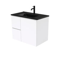 Fienza Fingerpull Gloss White 750 Wall Hung Cabinet, Solid Door , With Moulded Basin-Top - Dolce Matte Black Ceramic Left Hand Drawer