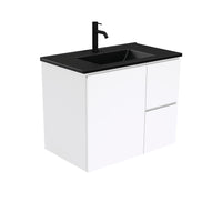 Fienza Fingerpull Gloss White 750 Wall Hung Cabinet, Solid Door , With Moulded Basin-Top - Dolce Matte Black Ceramic Right Hand Drawer