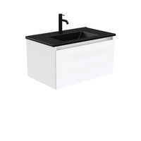 Fienza Manu Gloss White 750 Wall-Hung Cabinet, Solid Drawer , With Moulded Basin-Top - Dolce Matte Black Ceramic