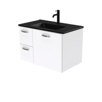 Fienza UniCab Gloss White 750 Wall Hung Cabinet, Solid Door , With Moulded Basin-Top - Dolce Matte Black Ceramic Left Hand Drawer