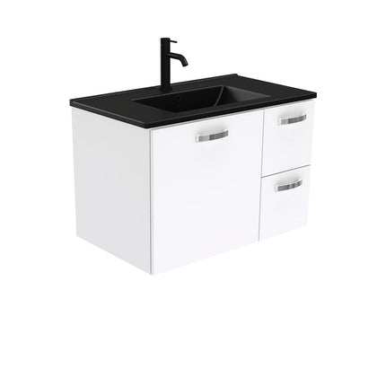 Fienza UniCab Gloss White 750 Wall Hung Cabinet, Solid Door , With Moulded Basin-Top - Dolce Matte Black Ceramic Right Hand Drawer