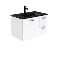 Fienza UniCab Gloss White 750 Wall Hung Cabinet, Solid Door , With Moulded Basin-Top - Dolce Matte Black Ceramic Right Hand Drawer