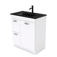 Fienza UniCab Gloss White 750 Cabinet on Kickboard , With Moulded Basin-Top - Dolce Matte Black Ceramic Left Hand Drawer