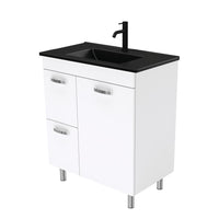 Fienza UniCab 750 Gloss White Cabinet on Legs, Left Hand Drawers, Solid Doors , With Moulded Basin-Top - Dolce Matte Black Ceramic