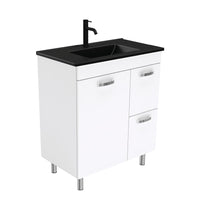 Fienza UniCab 750 Gloss White Cabinet on Legs, Right Hand Drawers, Solid Doors , With Moulded Basin-Top - Dolce Matte Black Ceramic