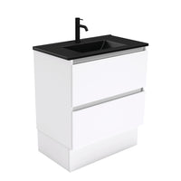 Fienza Quest Gloss White 750 Cabinet on Kickboard, 2 Solid Drawers , With Moulded Basin-Top - Dolce Matte Black Ceramic