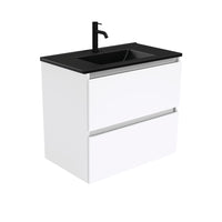 Fienza Quest Gloss White 750 Wall Hung Cabinet, 2 Solid Drawers , With Moulded Basin-Top - Dolce Matte Black Ceramic