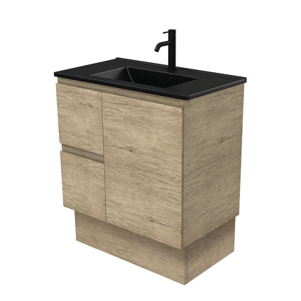 Fienza Edge Scandi Oak 750 Cabinet on Kickboard, Bevelled Edge , With Moulded Basin-Top - Dolce Matte Black Ceramic Left Hand Drawer