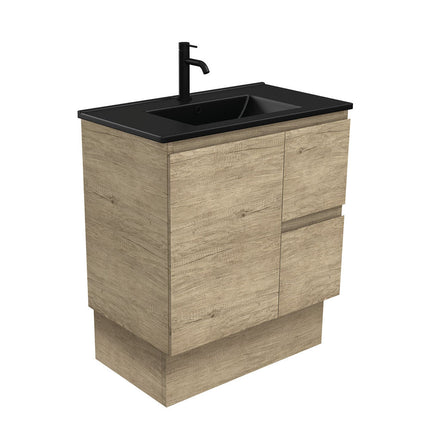 Fienza Edge Scandi Oak 750 Cabinet on Kickboard, Bevelled Edge , With Moulded Basin-Top - Dolce Matte Black Ceramic Right Hand Drawer