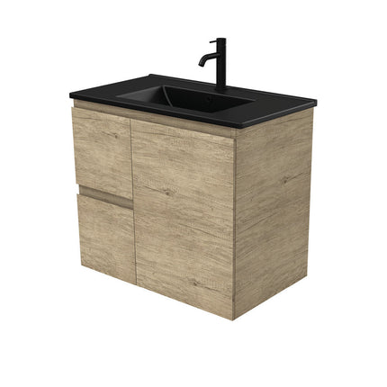 Fienza Edge Scandi Oak 750 Wall Hung Cabinet, Solid Door , With Moulded Basin-Top - Dolce Matte Black Ceramic Left Hand Drawer