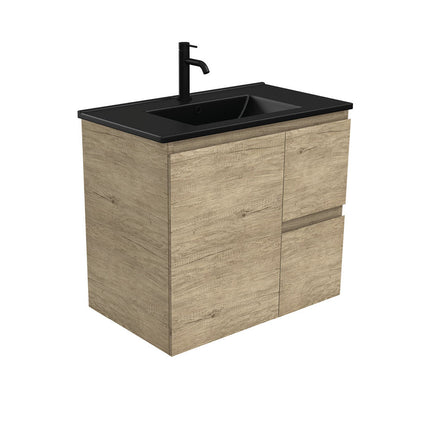 Fienza Edge Scandi Oak 750 Wall Hung Cabinet, Solid Door , With Moulded Basin-Top - Dolce Matte Black Ceramic Right Hand Drawer