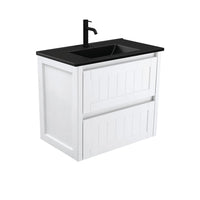 Fienza Hampton Satin White 750 Wall Hung Cabinet, 2 Solid Drawers , With Moulded Basin-Top - Dolce Matte Black Ceramic