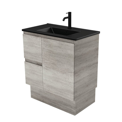 Fienza Edge Industrial 750 Cabinet on Kickboard, Bevelled Edge , With Moulded Basin-Top - Dolce Matte Black Ceramic Left Hand Drawer