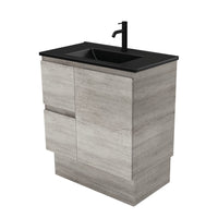 Fienza Edge Industrial 750 Cabinet on Kickboard, Bevelled Edge , With Moulded Basin-Top - Dolce Matte Black Ceramic Left Hand Drawer