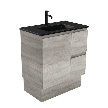 Fienza Edge Industrial 750 Cabinet on Kickboard, Bevelled Edge , With Moulded Basin-Top - Dolce Matte Black Ceramic Right Hand Drawer
