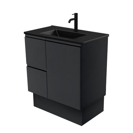 Fienza Fingerpull Satin Black 750 Cabinet on Kickboard , With Moulded Basin-Top - Dolce Matte Black Ceramic Left Hand Drawer