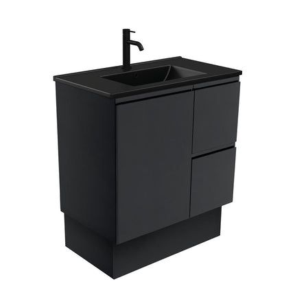 Fienza Fingerpull Satin Black 750 Cabinet on Kickboard , With Moulded Basin-Top - Dolce Matte Black Ceramic Right Hand Drawer