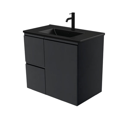 Fienza Fingerpull Satin Black 750 Wall Hung Cabinet, Solid Door , With Moulded Basin-Top - Dolce Matte Black Ceramic Left Hand Drawer