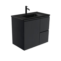 Fienza Fingerpull Satin Black 750 Wall Hung Cabinet, Solid Door , With Moulded Basin-Top - Dolce Matte Black Ceramic Right Hand Drawer